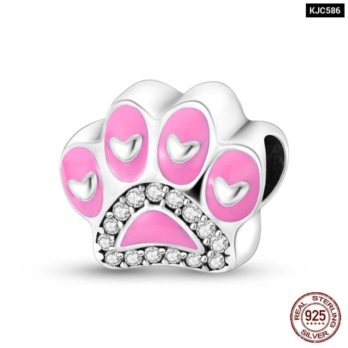 925 Sterling Silver Pink Rabbit Cat Dog Animal Charms Beads Fit Pandora Bracelets DIY Jewelry Making