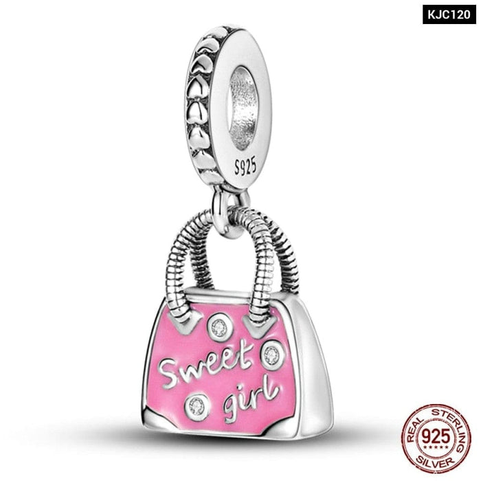 925 Sterling Silver Pink Series Heart Charms Beads Fit