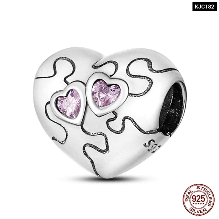 925 Sterling Silver Pink Series Heart Charms Beads Fit