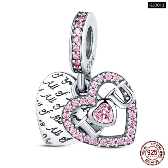 925 Sterling Silver Pink Series Heart Charms Beads Fit