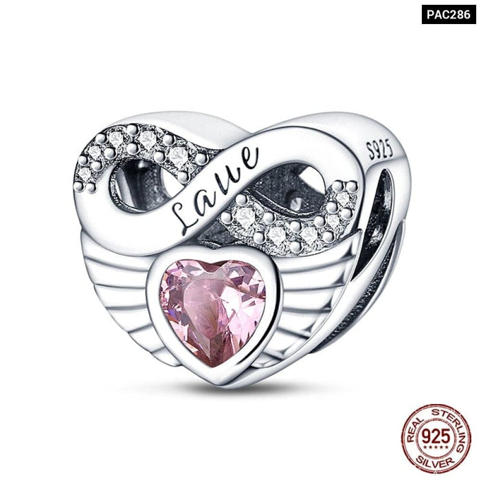 925 Sterling Silver Pink Series Heart Charms Beads Fit