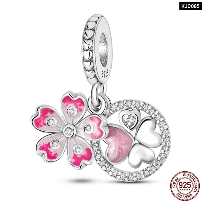 925 Sterling Silver Pink Series Heart Charms Beads Fit