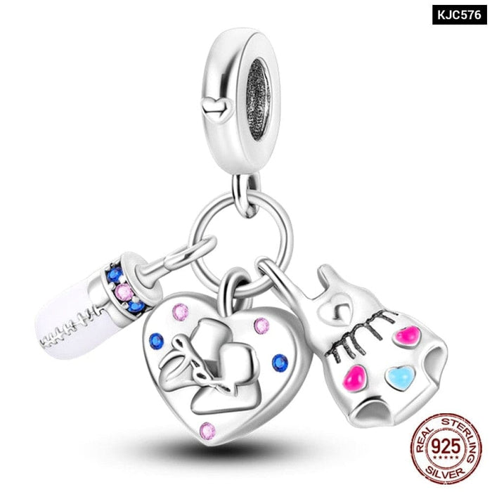 925 Sterling Silver Pink Series Heart Charms Beads Fit