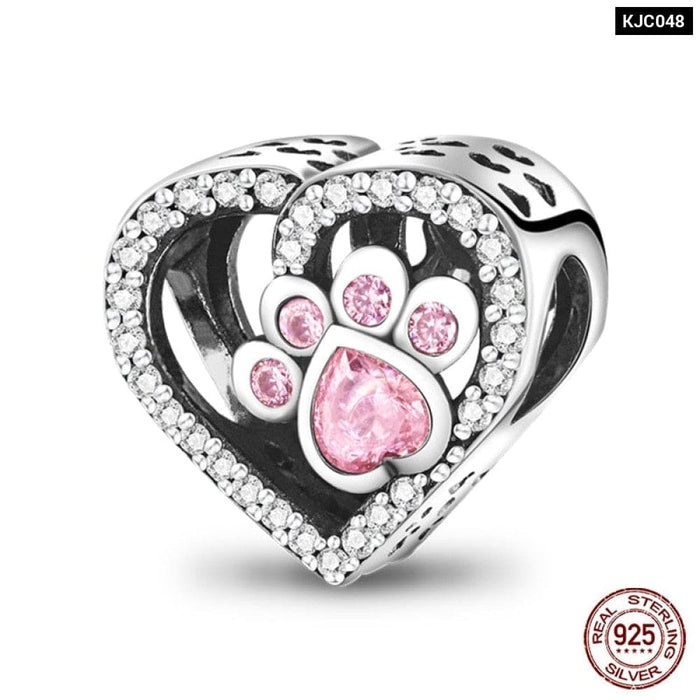 925 Sterling Silver Pink Series Heart Charms Beads Fit