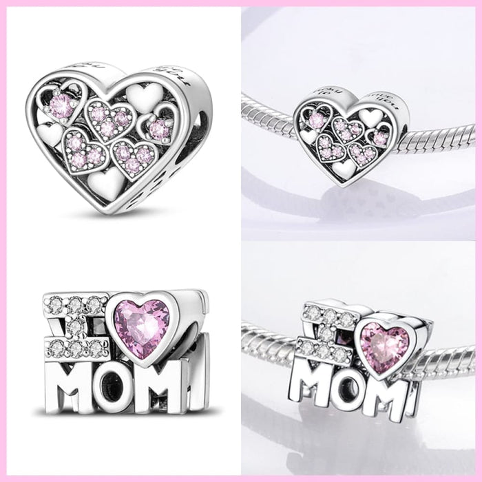 925 Sterling Silver Pink Series Heart Charms Beads Fit