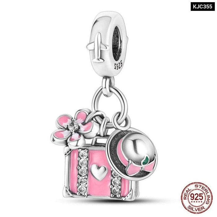 925 Sterling Silver Pink Series Heart Charms Beads Fit