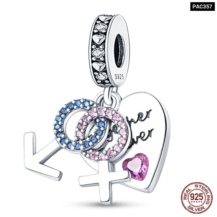 925 Sterling Silver Pink Series Heart Charms Beads Fit