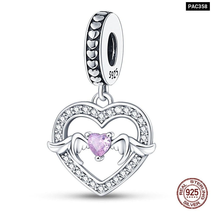 925 Sterling Silver Pink Series Heart Charms Beads Fit