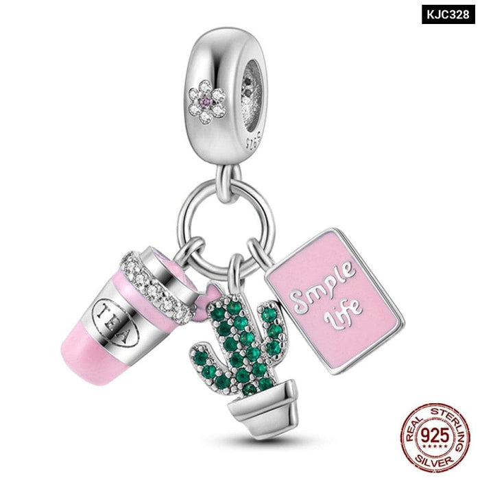 925 Sterling Silver Pink Series Heart Charms Beads Fit