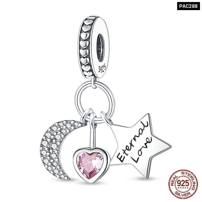 925 Sterling Silver Pink Series Heart Charms Beads Fit