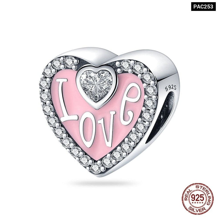 925 Sterling Silver Pink Series Heart Charms Beads Fit