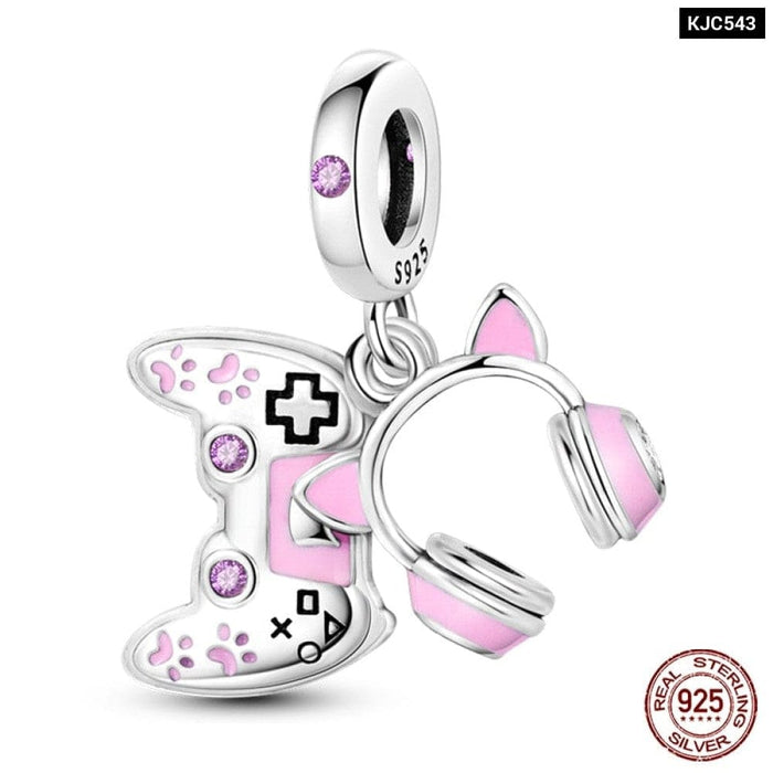 925 Sterling Silver Pink Series Heart Charms Beads Fit