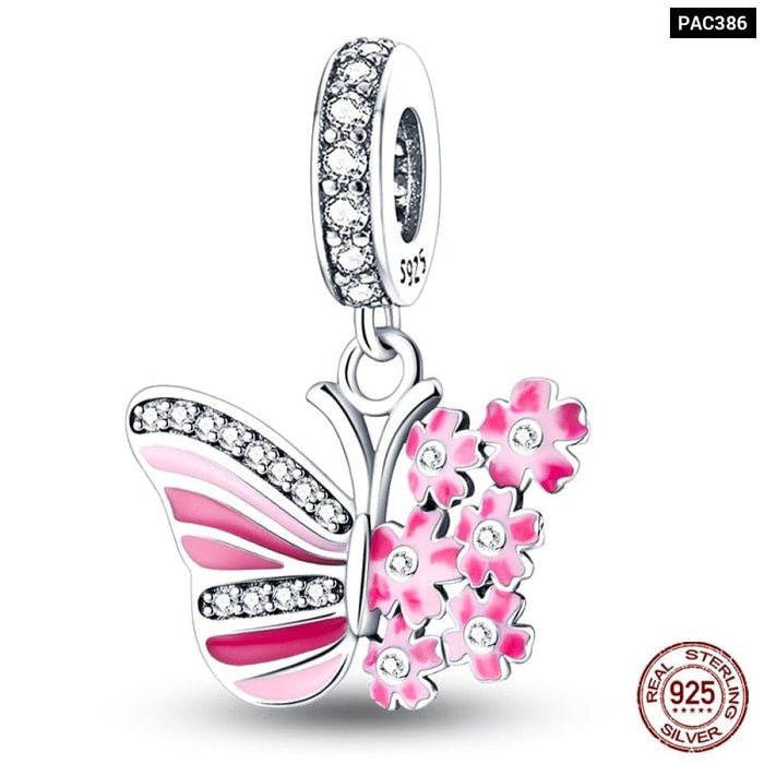 925 Sterling Silver Pink Series Heart Charms Beads Fit