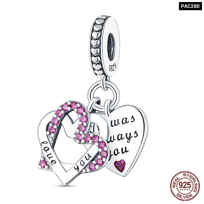 925 Sterling Silver Pink Series Heart Charms Beads Fit