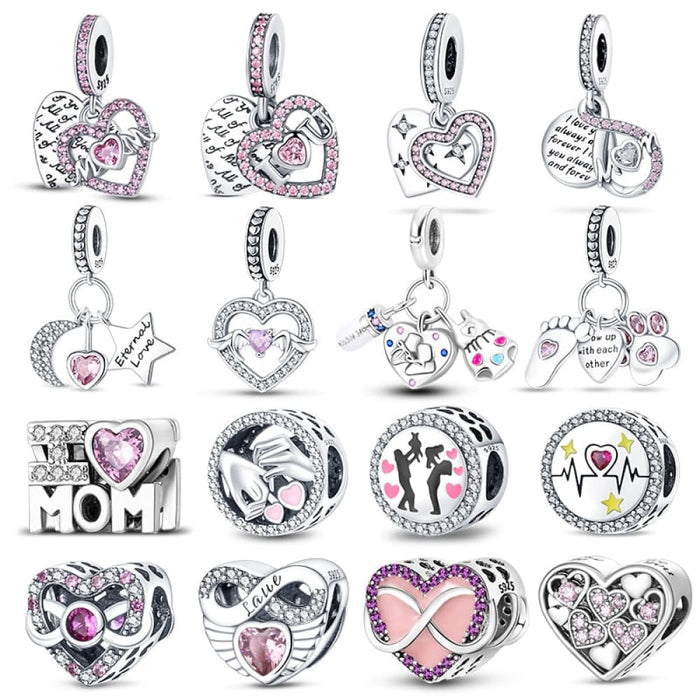 925 Sterling Silver Pink Series Heart Charms Beads Fit