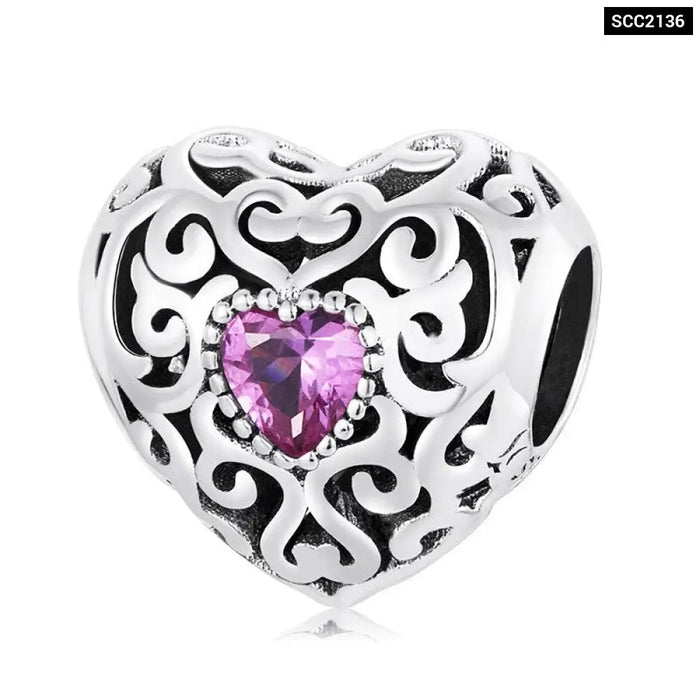 925 Sterling Silver Pink Zircon Love Bead Vine Hollow-out