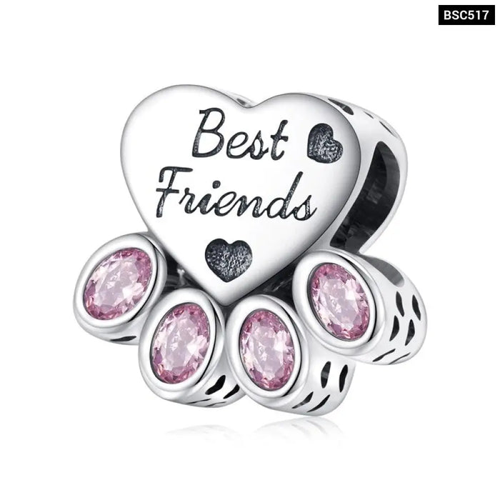 925 Sterling Silver Pink Zircon Pet Paw Pendant Charms