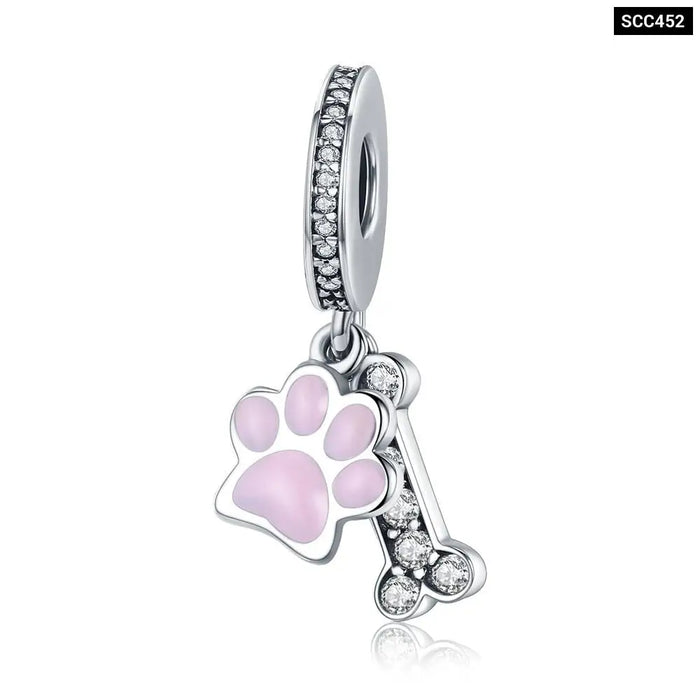 925 Sterling Silver Pink Zircon Pet Paw Pendant Charms