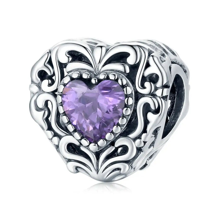 925 Sterling Silver Purple Crystal Bead Pattern Heart Charm