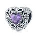 925 Sterling Silver Purple Crystal Bead Pattern Heart Charm