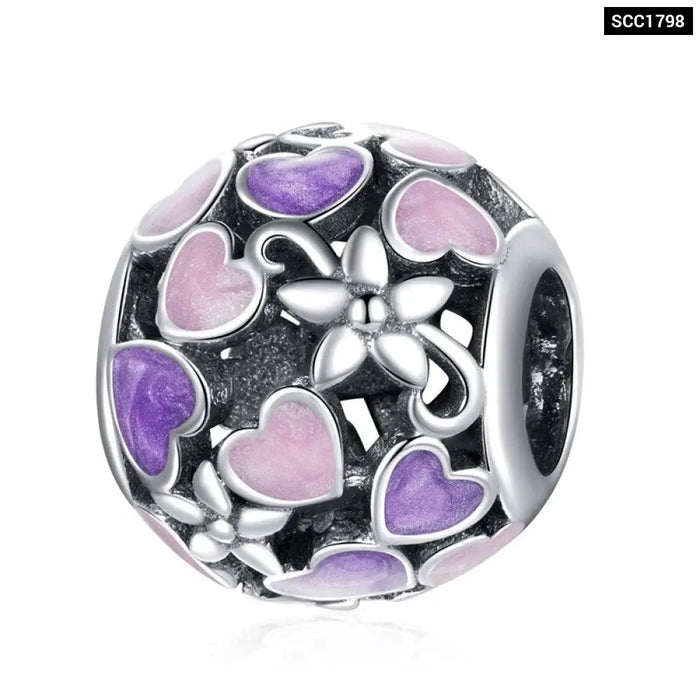 925 Sterling Silver Purple Crystal Bead Pattern Heart Charm