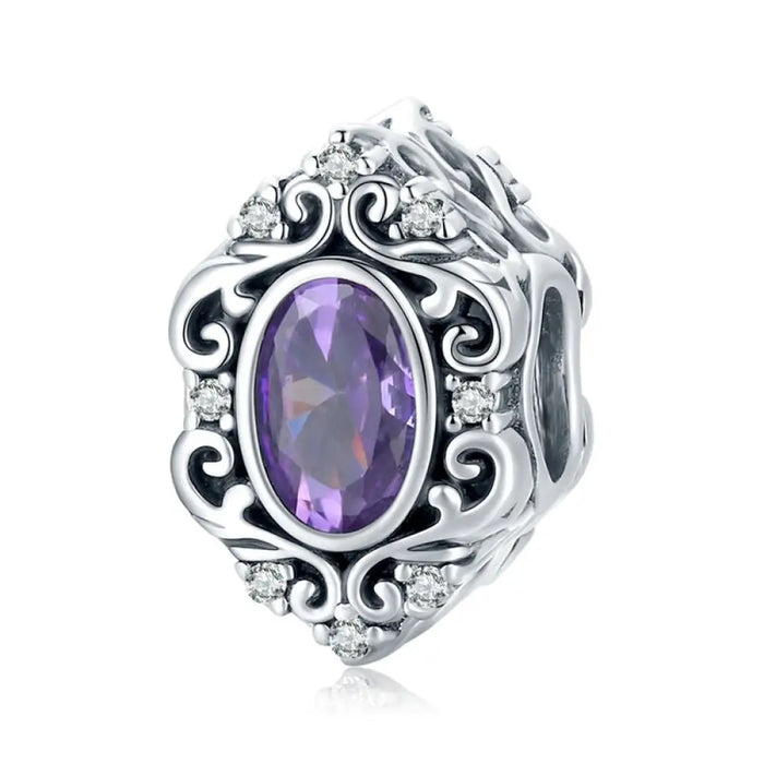 925 Sterling Silver Purple Crystal Bead Pattern Heart Charm