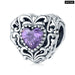 925 Sterling Silver Purple Crystal Bead Pattern Heart Charm