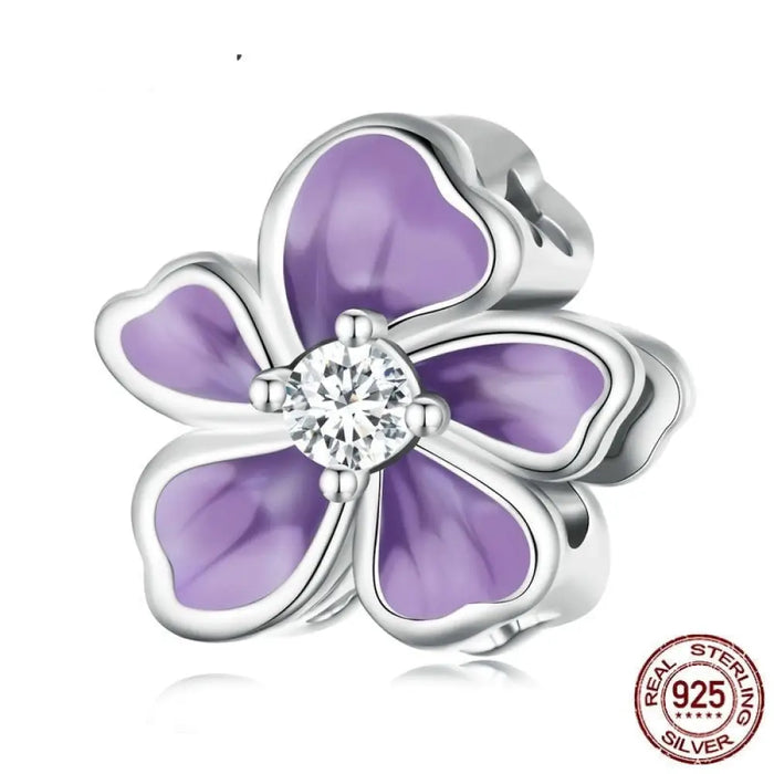 925 Sterling Silver Purple Enamel Flower Beads Clear Zircon