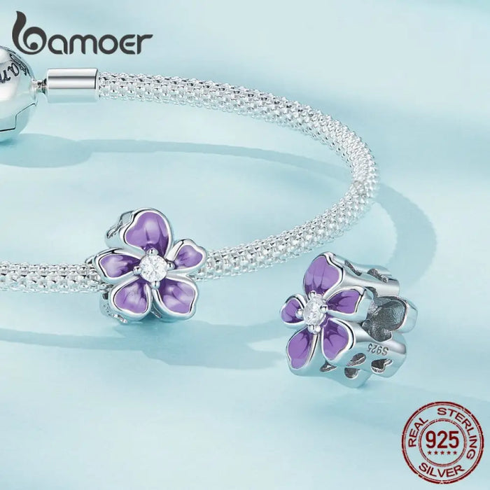 925 Sterling Silver Purple Enamel Flower Beads Clear Zircon