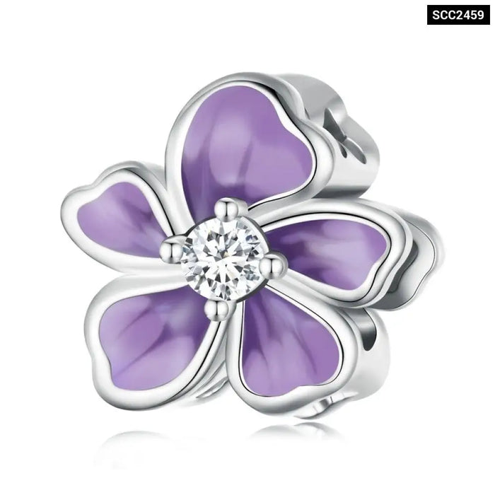 925 Sterling Silver Purple Enamel Flower Beads Clear Zircon