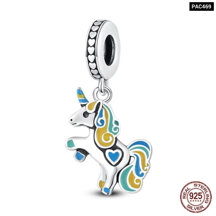 925 Sterling Silver Rainbow Heart Shaped Horse Charms Beads Fit Pandora Bracelets DIY Jewelry