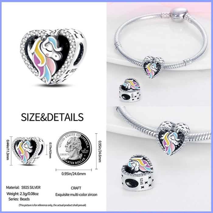 925 Sterling Silver Rainbow Heart Shaped Horse Charms Beads Fit Pandora Bracelets DIY Jewelry