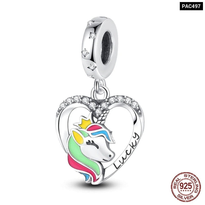 925 Sterling Silver Rainbow Heart Shaped Horse Charms Beads Fit Pandora Bracelets DIY Jewelry