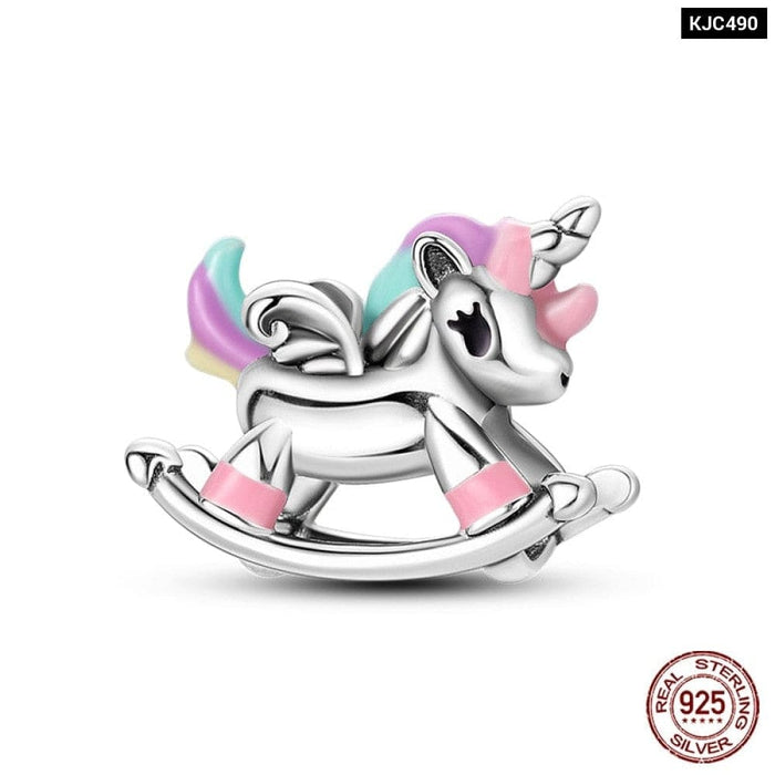 925 Sterling Silver Rainbow Heart Shaped Horse Charms Beads Fit Pandora Bracelets DIY Jewelry