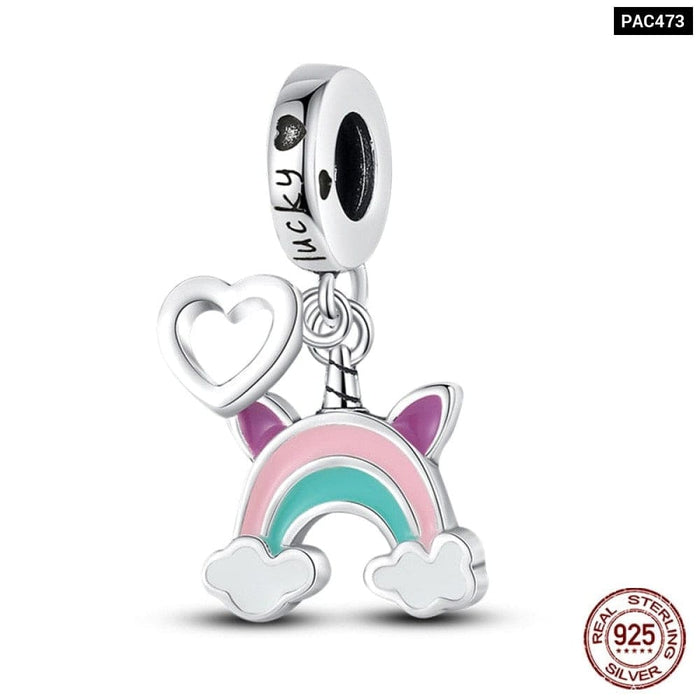 925 Sterling Silver Rainbow Heart Shaped Horse Charms Beads Fit Pandora Bracelets DIY Jewelry