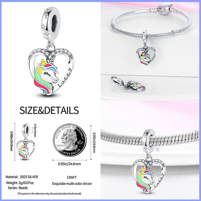 925 Sterling Silver Rainbow Heart Shaped Horse Charms Beads Fit Pandora Bracelets DIY Jewelry