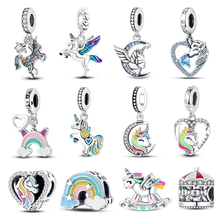 925 Sterling Silver Rainbow Heart Shaped Horse Charms Beads Fit Pandora Bracelets DIY Jewelry