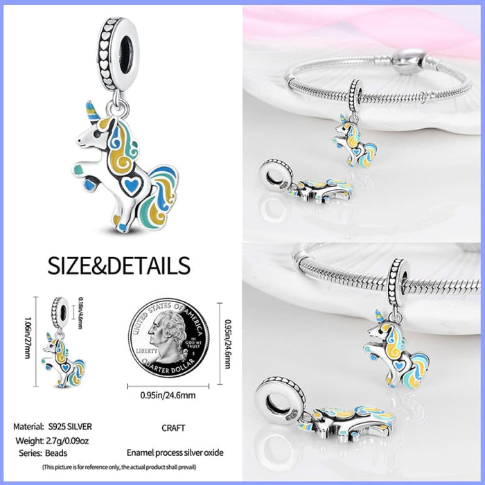 925 Sterling Silver Rainbow Heart Shaped Horse Charms Beads Fit Pandora Bracelets DIY Jewelry