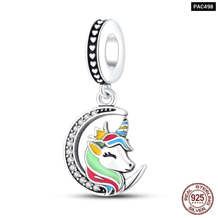 925 Sterling Silver Rainbow Heart Shaped Horse Charms Beads Fit Pandora Bracelets DIY Jewelry