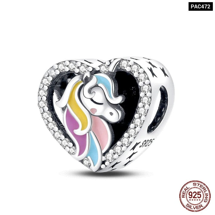 925 Sterling Silver Rainbow Heart Shaped Horse Charms Beads Fit Pandora Bracelets DIY Jewelry