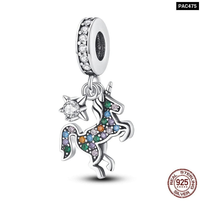 925 Sterling Silver Rainbow Heart Shaped Horse Charms Beads Fit Pandora Bracelets DIY Jewelry