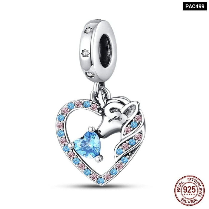 925 Sterling Silver Rainbow Heart Shaped Horse Charms Beads Fit Pandora Bracelets DIY Jewelry