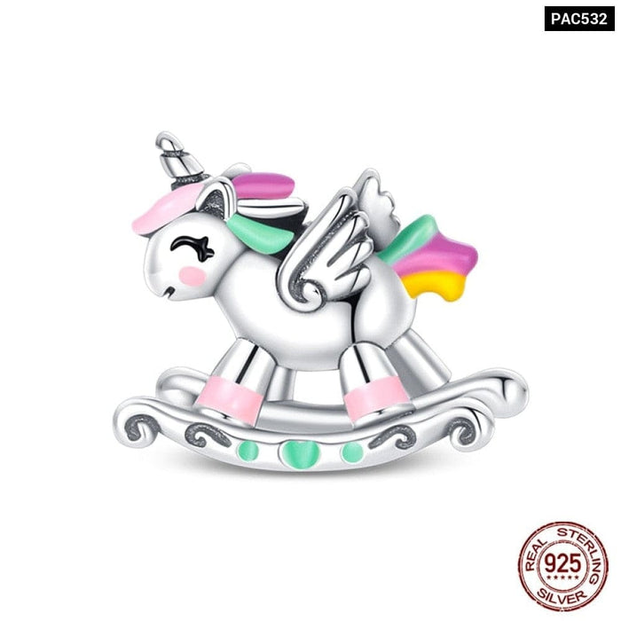 925 Sterling Silver Rainbow Heart Shaped Horse Charms Beads Fit Pandora Bracelets DIY Jewelry