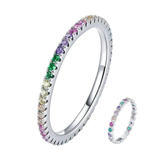 925 Sterling Silver Rainbow Zircon Stackable Band Ring For