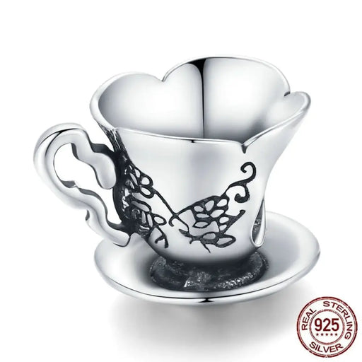 925 Sterling Silver Retro Teacup Charm Bead Medieval Pattern