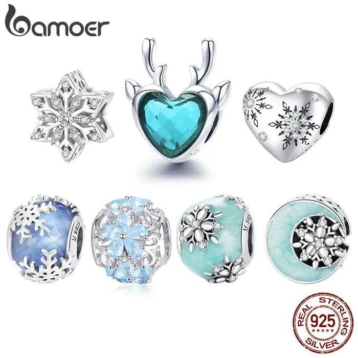 925 Sterling Silver Round Beads Snowflake Charms Pendant Fit