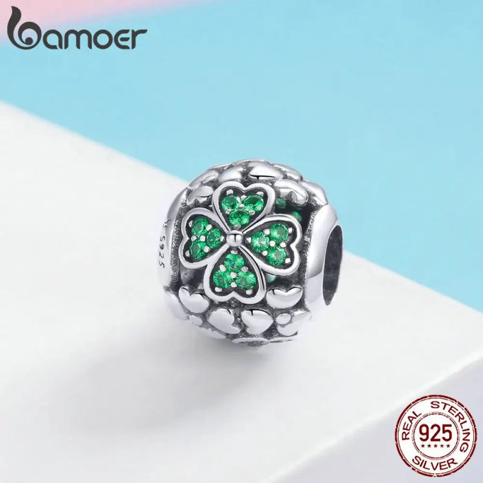 925 Sterling Silver Shamrock Flower Green Crystal Beads