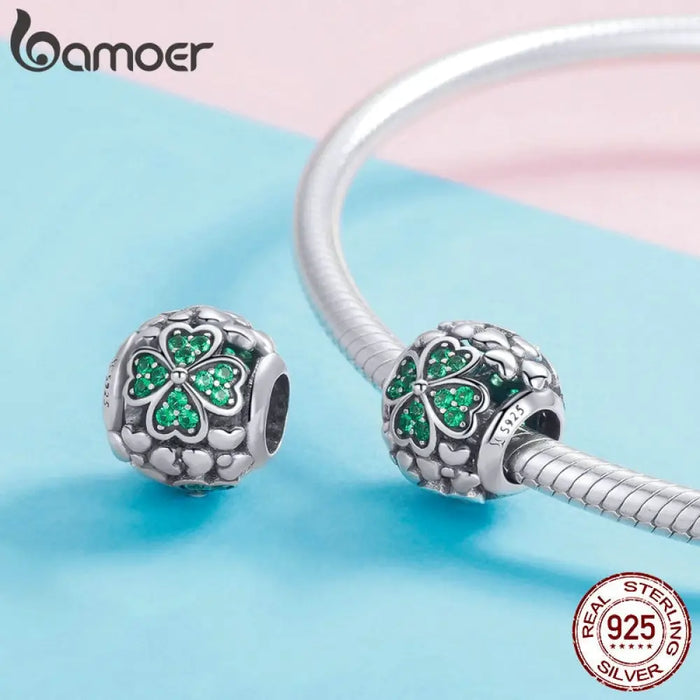 925 Sterling Silver Shamrock Flower Green Crystal Beads