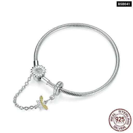 925 Sterling Silver 3mm Snake Charm Bracelet With Sunflower
