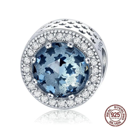 925 Sterling Silver Sparkling Star Pave Blue Cz Beads Fit